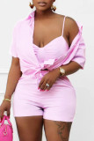 Pink Fashion Casual Solid Basic Turndown Collar Short Sleeve Three-piece Set