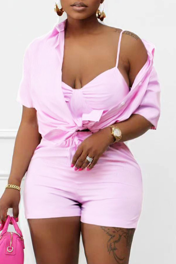 Pink Fashion Casual Solid Basic Turndown Collar Short Sleeve Three-piece Set