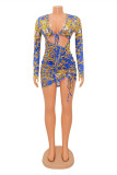 Blue Fashion Sexy Print Bandage Fold V Neck Long Sleeve Dresses