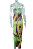 Green Fashion Sexy Print Hollowed Out Backless Slit Halter Sleeveless Dress