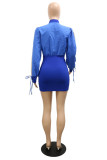 Blue Fashion Casual Solid Patchwork Zipper Collar Long Sleeve Dresses