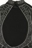 Black Sexy Solid Patchwork See-through Backless Hot Drill O Neck Dresses