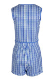 Purple Sexy Plaid Print Patchwork Buckle O Neck Sleeveless Two Pieces