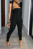 Black Sexy Sportswear Solid Split Joint Backless Spaghetti Strap Skinny Jumpsuits