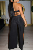 Black Fashion Sexy Solid Hollowed Out Backless Slit Halter Regular Jumpsuits