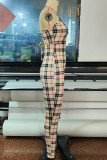 Apricot Sexy Plaid Print Patchwork Backless Spaghetti Strap Regular Jumpsuits