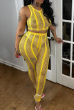 Yellow Fashion Sexy Solid Hollowed Out See-through O Neck Sleeveless Two Pieces