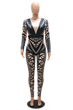 Black Fashion Casual Print Basic O Neck Skinny Jumpsuits