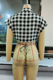 Black Fashion Casual Plaid Print Bandage Asymmetrical Tops
