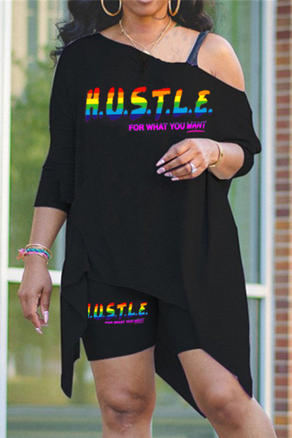 Black Fashion Casual Letter Print Patchwork Oblique Collar Two Pieces