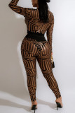 Brown Sexy British Style Print Patchwork Buckle See-through Turndown Collar Long Sleeve Two Pieces