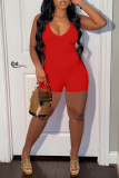 Red Fashion Casual Solid Backless V Neck Skinny Romper
