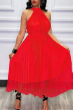 Red Casual Elegant Solid Patchwork Fold O Neck Dresses