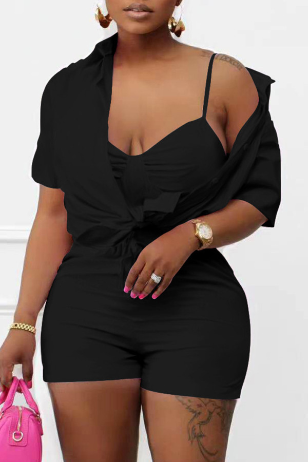 Black Fashion Casual Solid Basic Turndown Collar Short Sleeve Three-piece Set
