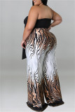 Coffee Sexy Casual Print Bandage Backless Strapless Plus Size Two Pieces