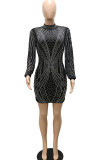 Black Sexy Solid Patchwork See-through Backless Hot Drill O Neck Dresses