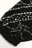 Black Sexy Solid Patchwork See-through Backless Hot Drill O Neck Dresses