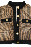 Brown Sexy British Style Print Patchwork Buckle See-through Turndown Collar Long Sleeve Two Pieces