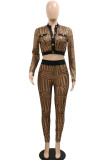Brown Sexy British Style Print Patchwork Buckle See-through Turndown Collar Long Sleeve Two Pieces