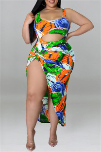 Green Fashion Sexy Print Hollowed Out U Neck Plus Size Two Pieces