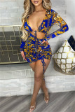 Blue Fashion Sexy Print Bandage Fold V Neck Long Sleeve Dresses