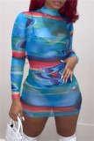 Blue Fashion Sexy Print See-through Turtleneck Long Sleeve Dresses