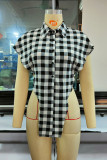 Black Fashion Casual Plaid Print Bandage Asymmetrical Tops