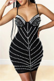 Black Fashion Sexy Patchwork Hot Drilling Backless Beading Spaghetti Strap Sleeveless Dress
