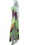 Green Fashion Sexy Print Hollowed Out Backless Slit Halter Sleeveless Dress