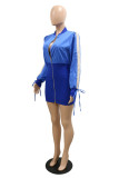 Blue Fashion Casual Solid Patchwork Zipper Collar Long Sleeve Dresses