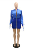 Blue Fashion Casual Solid Patchwork Zipper Collar Long Sleeve Dresses