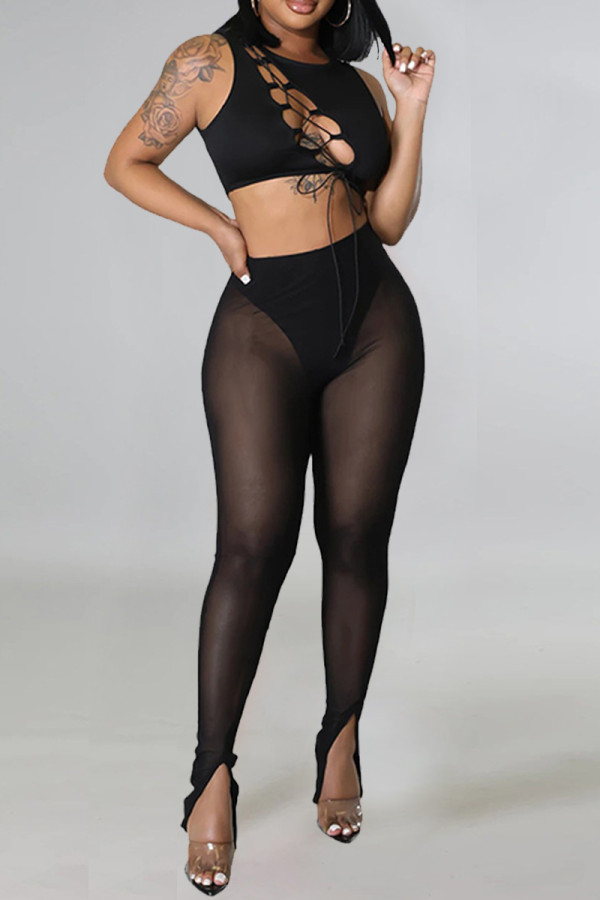 Black Sexy Casual Solid Bandage Hollowed Out O Neck Sleeveless Two Pieces