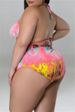 Yellow Fashion Sexy Print Bandage Backless Halter Plus Size Two Pieces