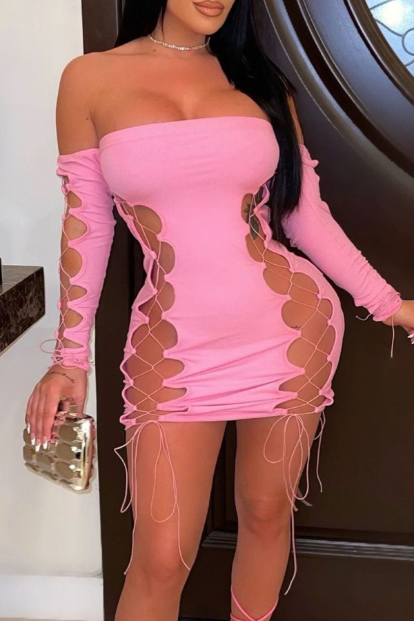Pink Sexy Solid Bandage Hollowed Out Patchwork Off the Shoulder Pencil Skirt Dresses