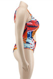 Red Fashion Sexy Print Hollowed Out U Neck Plus Size Two Pieces