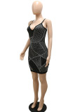 Black Sexy Solid Patchwork See-through Spaghetti Strap Pencil Skirt Dresses