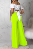 Fluorescent Yellow Casual Solid Patchwork High Waist Wide Leg Solid Color Bottoms