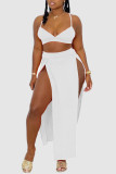 White Fashion Sexy Solid Backless Slit Spaghetti Strap Sleeveless Two Pieces