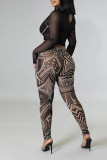 Black Sexy Print Bandage Hollowed Out Patchwork O Neck Long Sleeve Two Pieces