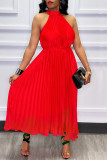Red Casual Elegant Solid Patchwork Fold O Neck Dresses