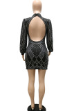 Black Sexy Solid Patchwork See-through Backless Hot Drill O Neck Dresses