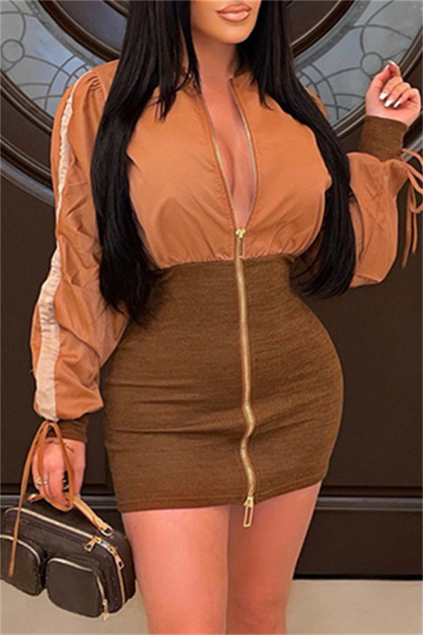 Khaki Fashion Casual Solid Patchwork Zipper Collar Long Sleeve Dresses
