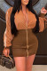 Khaki Fashion Casual Solid Patchwork Zipper Collar Long Sleeve Dresses