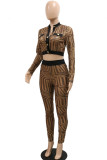 Brown Sexy British Style Print Patchwork Buckle See-through Turndown Collar Long Sleeve Two Pieces