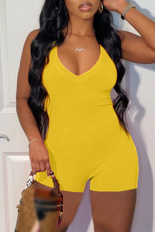 Yellow Fashion Casual Solid Backless V Neck Skinny Romper