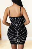 Black Fashion Sexy Patchwork Hot Drilling Backless Beading Spaghetti Strap Sleeveless Dress
