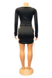Black Fashion Sexy Solid Bandage Hollowed Out O Neck Long Sleeve Dresses