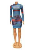 Blue Fashion Sexy Print See-through Turtleneck Long Sleeve Dresses
