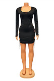 Red Fashion Sexy Solid Bandage Hollowed Out O Neck Long Sleeve Dresses