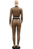 Brown Sexy British Style Print Patchwork Buckle See-through Turndown Collar Long Sleeve Two Pieces